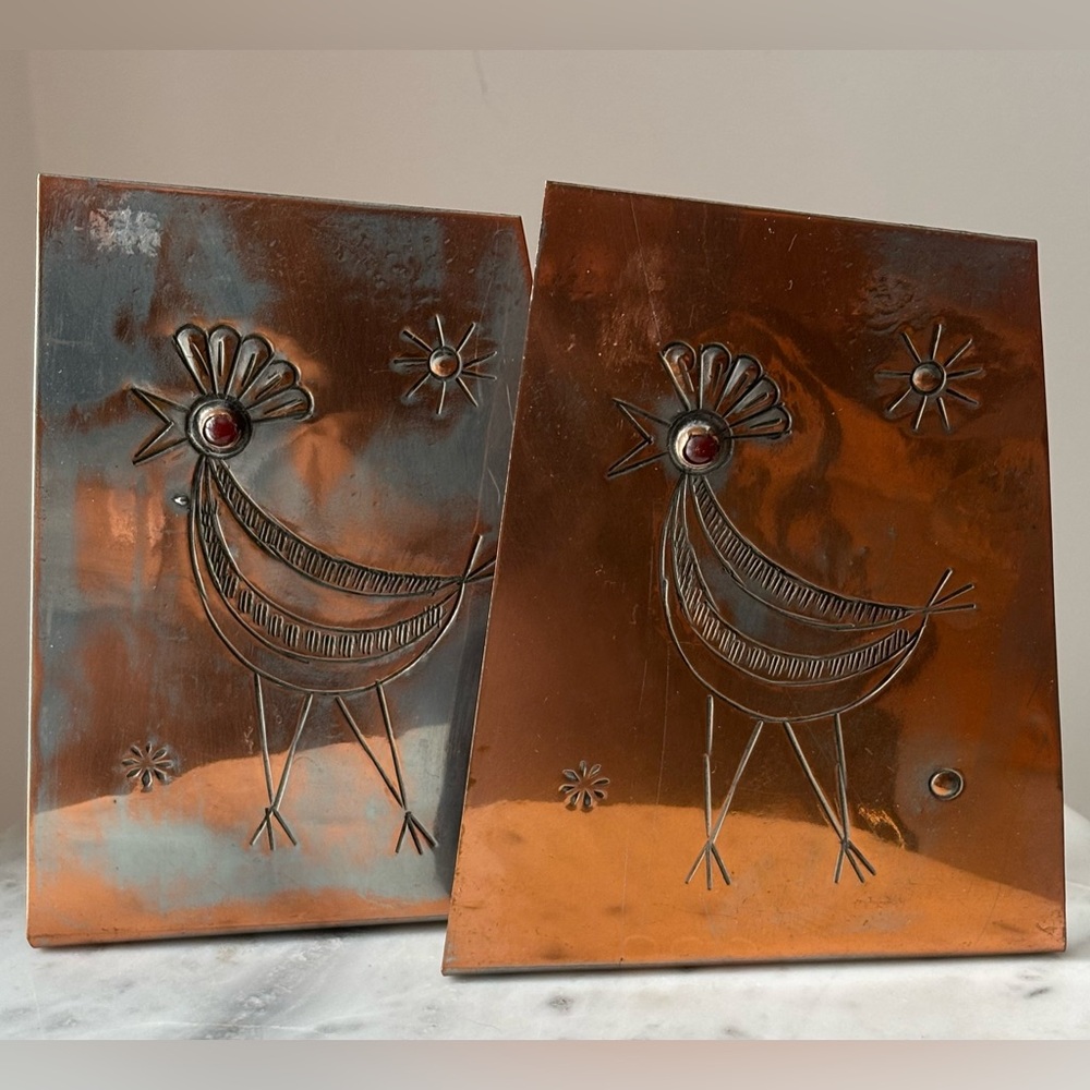 MCM Arts & Crafts Brutalist Copper Rooster Bookends Rare Yaad Workshop Israel